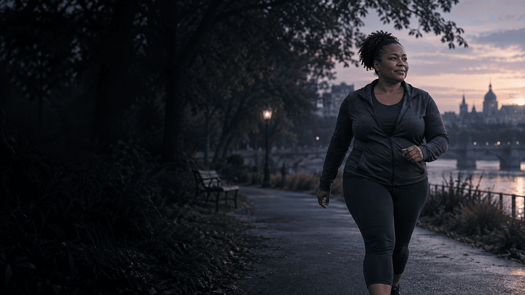 Une femme marche d’un pas décidé dans un parc à l’aube.